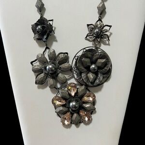 Vintage Statement Necklace Gunmetal Beads Floral Costume Jewelry Fashion 21‎ in
